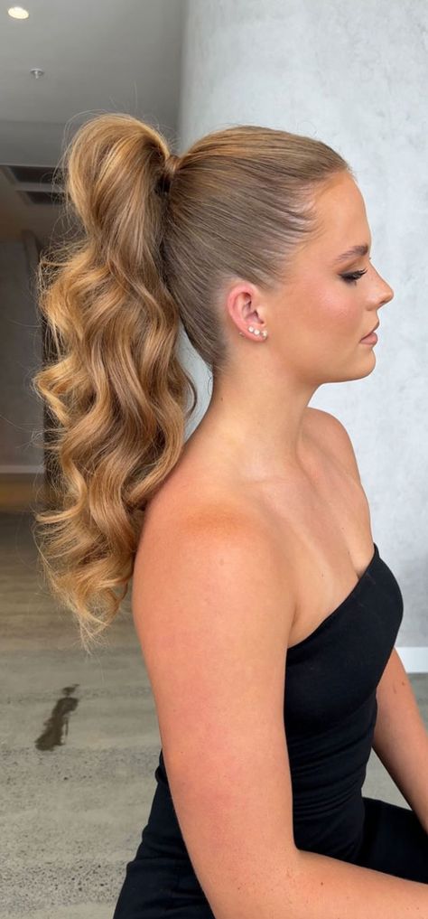 27 From Casual to Glamorous: Mastering Versatile Ponytail Hairstyles for Every Occasion I Take You | Wedding Readings | Wedding Ideas | Wedding Dresses | Wedding Theme Slick Pony With Curls, High Ponytail Hairstyles Wedding Guest, Slick Back High Ponytail Prom, High Party Ponytail, High Pony Curled Hair, High Pony Prom Hairstyles, Bride High Ponytail Hairstyles, Prom Hairstyles For Long Hair Slick Back, Ponytail Prom Hairstyles High