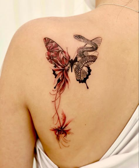 Snake And Butterfly Tattoo, Snake And Butterfly, Red Spider Lily, Spider Lily, Red Spider, Tasteful Tattoos, Gorgeous Tattoos, Lily Tattoo, Subtle Tattoos