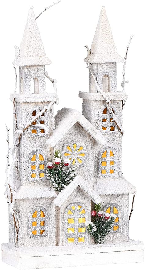 NEWANOVI 49 cm LED Illuminated Wooden Decoration Snow Church with 10 Lights, Artificial Christmas Decoration, Christmas Window Decoration Stand, Winter House Wooden House, Handmade (White) : Amazon.de: Home & Kitchen Decoration Stand, Paper House Template, Christmas Window Decoration, Lantern Christmas, House Template, Pottery Houses, Christmas Village Houses, Wooden Decoration, Christmas Mantel Decorations