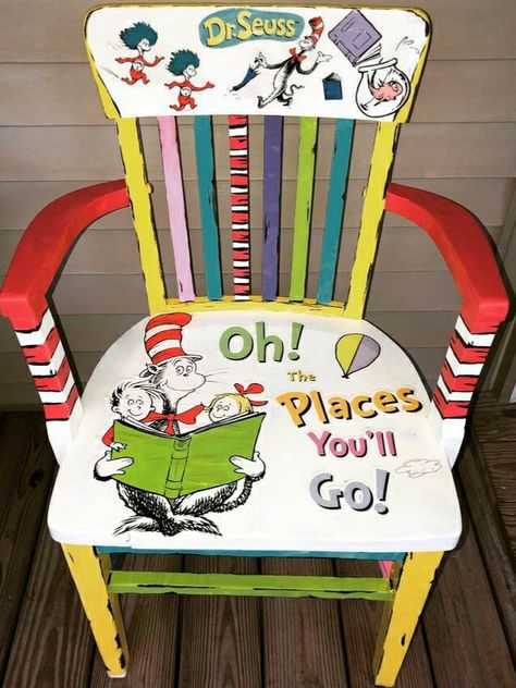 Dr Seuss Chairs, Painted Chairs Diy, Cartoon Furniture, Painted Kids Chairs, Painting Kids Furniture, Paint Clothes, Barbie Painting, Chair Painting, Painted Rocking Chairs