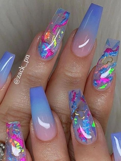 Unicorn Nail Art, Blue Ombre Nails, Hacks Beauty, Unicorn Nails, Ombre Acrylic Nails, Colorful Nails, Cute Acrylic Nail Designs, Her Nails, Exotic Nails