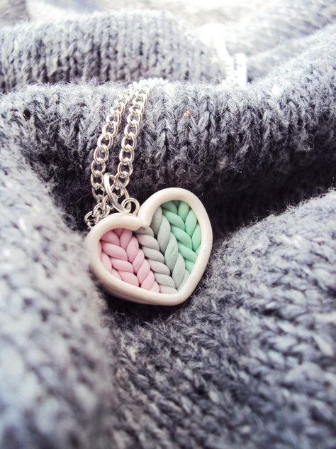 heart pendant necklace Knitted Heart, A Heart, In The Middle, Heart Necklace, The Middle, Polymer Clay, Mint, Pastel, Chain