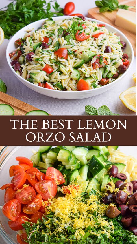 Large bowl of summer and spring side dish lemon orzo pasta salad with cucumbers, tomatoes, olives, lemon and parmesan cheese Mediterranean Pasta Salad Recipes, Easy Orzo Salad, Orzo Salad With Feta, Easy Orzo, Orzo Salat, Lemon Orzo Salad, Orzo Salad Recipes, Mediterranean Flavors, Lemon Salad