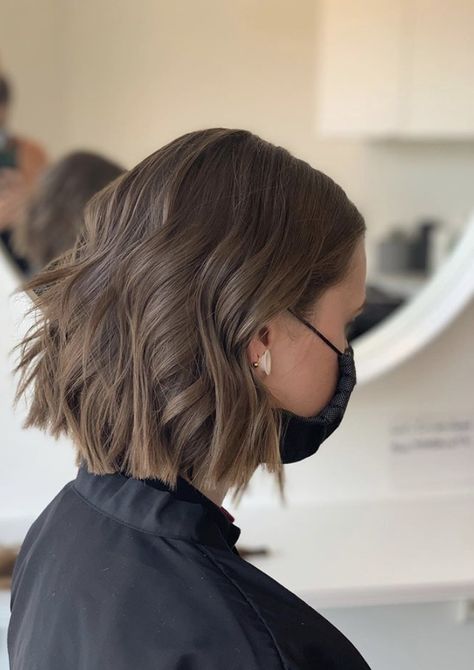 Ash Brown Hair Short Bob, Short Lob Haircut Layered, Ash Brown Bob Hair, Ash Brown Hair Bob, Brown Chin Length Hair, Short Hair Ash Brown, Ash Brown Bob Haircut, Short Burnett Hair, Curly Short Brown Hair