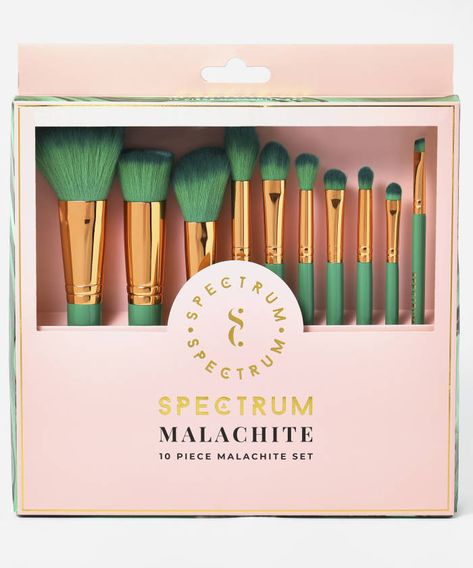 Spectrum Collections Malachite 10 Piece Brush Set at BEAUTY BAY Green Makeup Brushes, Highlighter Eyes, Makeup Verde, Spectrum Brushes, Spectrum Collections, Negative Vibes, Malachite Crystal, Green Makeup, Glamorous Makeup