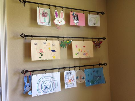 Kids Art Wall - used curtain rods with clip rings so can adjust size to art & easily change as my lil artists create new art. Easy to install only few screws on each side. B/C my fridge was completely covered ;) Displaying Kids Artwork, Team Ideas, Kids Art Galleries, Art Display Kids, Crafts Room, Decorative Ideas, Craft Area, Play Areas, Playroom Ideas