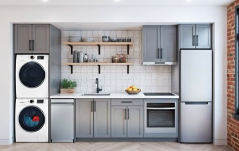 Small Kitchen With Laundry, Kitchens Apartment, Single Wall Kitchen, Apartment Size Refrigerator, One Wall Kitchen, Basement Kitchenette, Small Kitchenette, Garage To Living Space, Garage Guest House