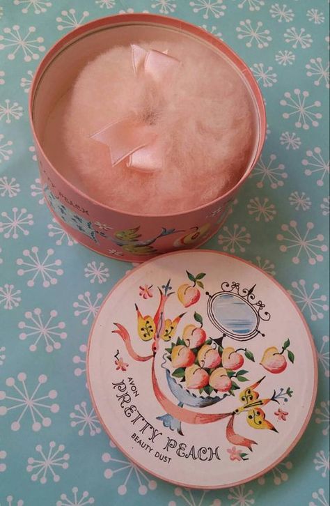 *Vintage AVON ~pretty peach ~talcum powder  +puff Peach Packaging, Peach Perfume, Vintage Parfum, Peach Puff, Makeup Package, Avon Vintage, Talcum Powder, Gloss Labial, Vintage Packaging