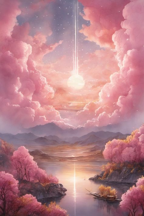 #inacofairy#watercolor#clouds#pink#aiart Download the perfect digital texture pictures. Whimsical Nature Aesthetic, Fantasy Sky Painting, Dreamscape Drawing, Pastel Fantasy Aesthetic, Scenary Paintings Aesthetic, Pink Fantasy Wallpaper, Fantasy Clouds Sky, Pink Clouds Painting, Aesthetic Pink Clouds