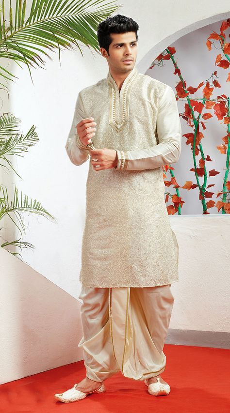 Cream Poly Dupion Dhoti Kurta Bengali Dress, Bengali Groom, Wedding Matching Outfits, Mens Traditional Wear, Indian Wedding Clothes For Men, Reception Outfits, Sherwani For Men Wedding, Wedding Kurta For Men, Groom Dress Men