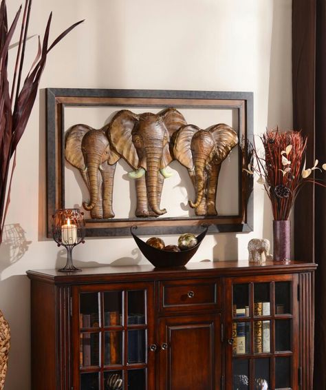 living room decor Elephant Decor Living Room, Safari Decor Living Room, Safari Living Rooms, World Travel Decor, Safari Home Decor, Garden Fence Ideas, Kirkland Home Decor, Exotic Homes, African Inspired Decor