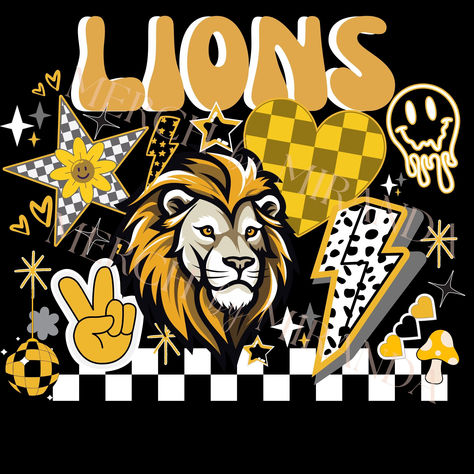 Groovy Theme, Lion Mascot, Spirit Design, Retro Groovy, School Spirit, Team Spirit, Png Files, Svg File, Transparent Background