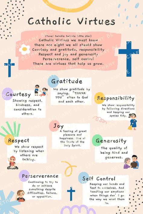 Catholic Virtues poster is an easy way to incorporate learning about important virtues in our home. This is a physical poster that will be shipped to you. This poster includes a song and mini description of each virtue to help children apply to real life living. I found having this up side by side with our alphabet and number poster really helped put front and center living virtuously for my own children. My prayer is it will be the same foundational support for your family! Catholic Classroom Decor, Virtues For Kids, Catholic Prayers For Kids, Catholic Virtues, Catholic Poster, Catholic Home, Traditional Catholicism, Catholic Beliefs, Catholic Education