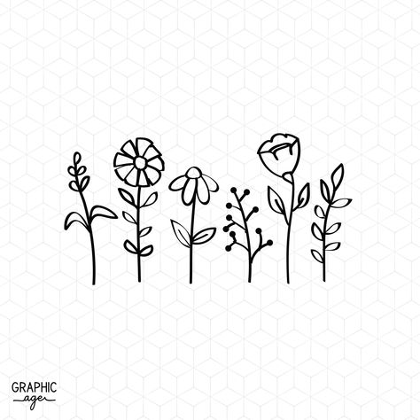 Silhouette Flower Tattoo, Wildflower Stencil, Flowers Svg, Floral Svg, Nature Svg, Plant Svg, Flower Cricut Template Vinyl, Free Daisy Svg Files For Cricut, Wildflower Silhouette