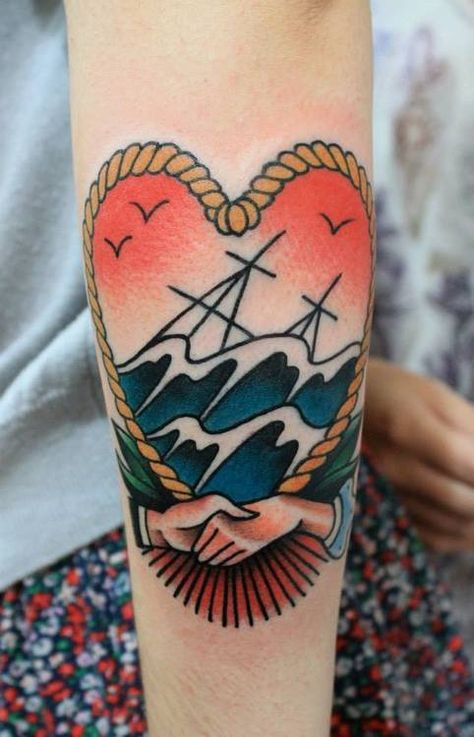 By Dionel Orona True Grit Tattoo Parlour, Rio de Janeiro - Brasil facebook Grit Tattoo, Nautical Tattoos, Traditional Heart Tattoos, Navy Tattoos, Sea Tattoo, Wave Tattoo, Palm Tattoos, Nautical Tattoo, True Grit