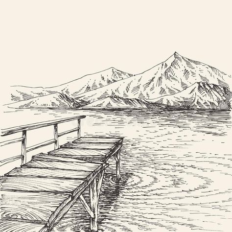 River Landscape, Wooden Pontoon Stock Vector - Illustration of panorama, hill: 183977433 River Drawing, Landscape Drawing Easy, Bridge Drawing, Drawing 101, Mountain Sketch, Landscape Pencil Drawings, Drawing Scenery, Ink Pen Art, Sketch Note