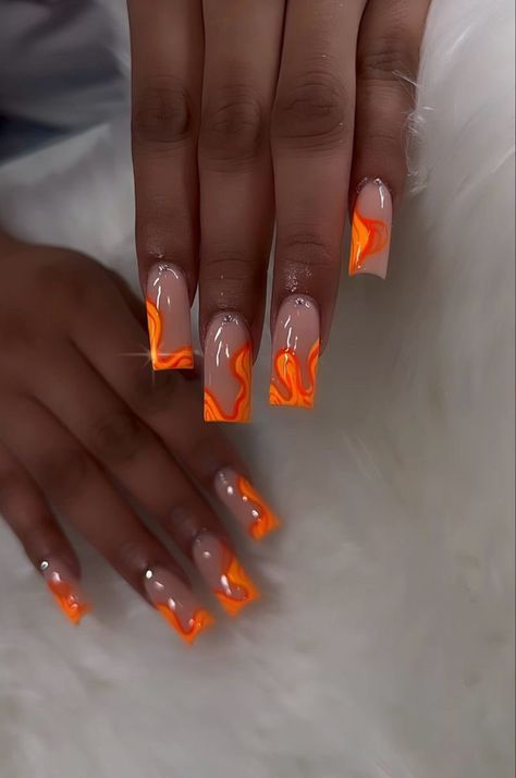 Pretty Orange Acrylic Nails, Orange Acrylic Nails Prom, Baddie Nails Acrylic Orange, French Tip Acrylic Nails Coffin Orange, Orange Croc Nails, Orange Prom Nails Black Women, Orange Acrylic Nails Black Women, Senior Nails, Nail Planner