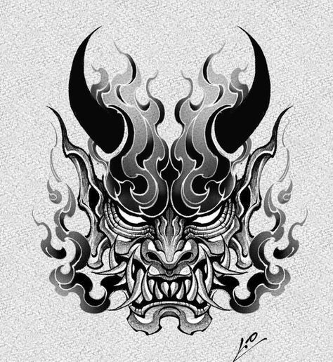 Japanese Demon Tattoo, Tattoo Cover Ups, Word Tattoo Ideas, Oni Mask Tattoo, Oni Tattoo, Hannya Mask Tattoo, Unique Tattoos For Men, Demon Mask, Word Tattoo