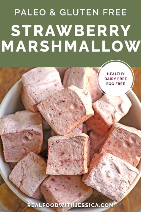 Paleo Strawberry Marshmallows - Real Food with Jessica Gluten Free Marshmallow Treats, Aip Marshmallow Recipe, Beef Gelatin Marshmallows, Healthy Strawberry Syrup, Healthy Homemade Marshmallows, Paleo Strawberry Dessert, Antifungal Diet, Palm Dessert, Paleo Marshmallows