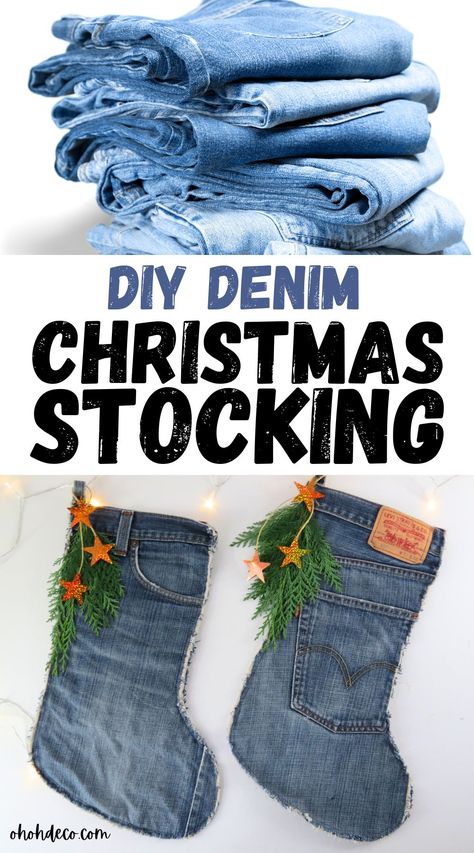 How to make Denim Christmas Stockings Beaded Stockings Christmas, Blue Jean Ornaments, Fabric Christmas Stockings, How To Make A Stocking Diy Christmas, Denim Christmas Decorations, How To Make Christmas Stockings Diy, Denim Christmas Stocking, Diy Stockings Christmas, Diy Christmas Stockings Ideas