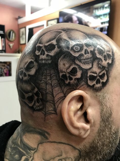 Skull pile head tattoo by Audrey Mello Mens Head Tattoo Ideas, Scalp Tattoos Men, Pile Of Skulls Tattoo, Skull Head Tattoo, Head Tattoo Ideas, Side Of Head Tattoo Men, Head Tattoo Design, Head Tattoo Men, Shrunken Head Tattoo