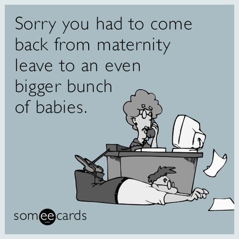 Sorry you had to come back from maternity leave to an even bigger bunch of babies. Maternity Leave Quotes, Back To Work Quotes, Welcome Back To Work, Working Mom Humor, Funny Pregnancy Memes, Office Humour, New Mom Quotes, Baby Jokes, Baby Boy Quotes