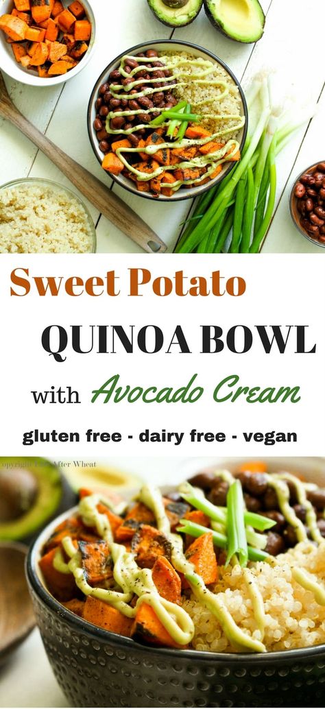 Quinoa Bowl with Sweet Potatoes and Avocado Cream (gluten free) Sweet Potato Quinoa Bowl, Potatoes And Avocado, Avocado Cream Sauce, Sweet Potato Quinoa, Sweet Potato Bowls, Quinoa Sweet Potato, Avocado Quinoa, Avocado Cream, Avocado Sauce