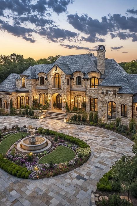 Luxurious stone mansion at dusk with a fountain. Peek into the extravagant realm of luxury homes with insights on posh designs, exclusive features, and a sprinkle of real estate magic. Rustic Mansion Interior, Big Luxury Houses, Mansions Aesthetic, Pretty Mansions, Luxury Ranch House, Luxurious Mansions Interior, Old Money Homes, French Country Mansion, Texas Ranch Style Homes