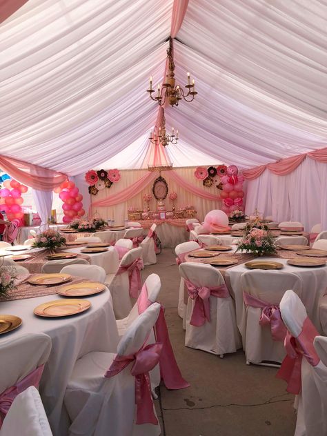 Party Tent Decorations Pink, House Quinceanera Party, Tent Quinceanera, Outdoor Quinceanera Ideas Tent, Quinceanera Decorations Centerpieces Sweet 15 Quince Ideas, Backyard Quinceanera Ideas Decoration, Quinceanera Backyard Ideas, Pink Rancho Quince, Small Quinceanera Party Ideas Outside