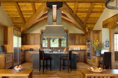 53 Sensationally rustic kitchens in mountain homes Timber Frame Kitchen Ideas, Modern Mediterranean Kitchen, Timber Frame Kitchen, White Interior Paint, Frame Kitchen, Timber Frame Home, Timber Frame House, Dark Wood Table, Log Cabin Rustic