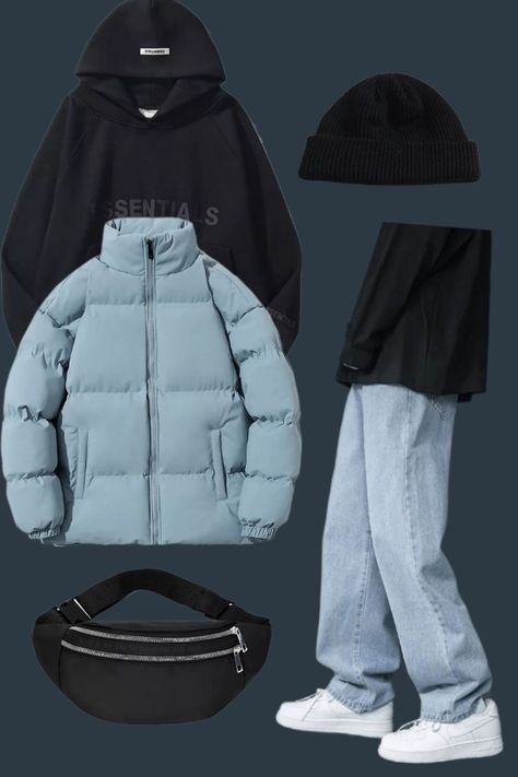 Hoodie Baggy Jeans Outfit, Styling Puffer Jacket, Baggy Jacket Outfit, White Hoodie Outfit Men, Puffer Jacket Street Style, Style Black Hoodie, Blue Puffer Jacket Outfit, Puffer Jacket Outfit Ideas, Hoodie Outfit Ideas