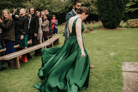 Green silk wedding dress for an outdoors Scottish Wedding. Green Wedding Dress For Bride, Green Silk Wedding Dress, Forest Green Wedding Dress, Emerald Wedding Dress, Emerald Wedding Dresses, Emerald Green Wedding Dress, Scottish Wedding Dresses, Bridesmaid Green, Wedding Dress Uk