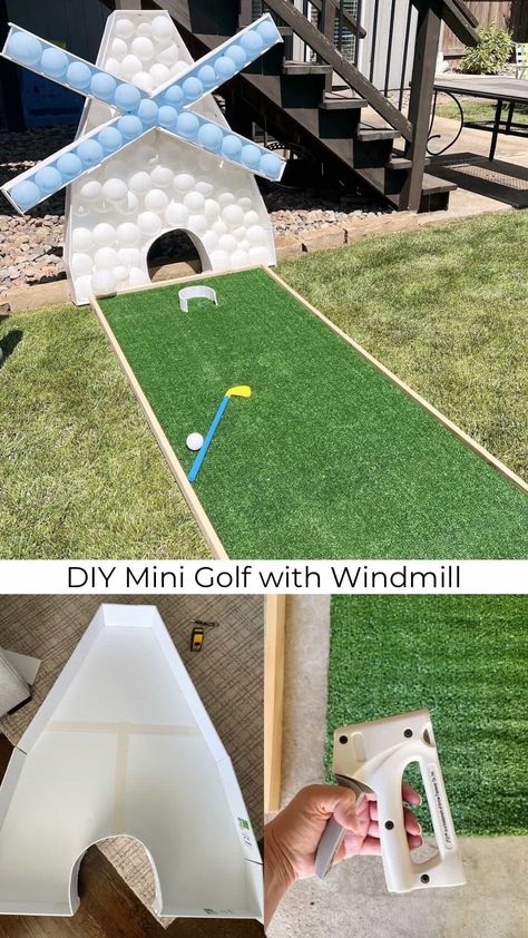 DIY Backyard Mini Golf- Putt Putt for Kiddos - traditionallycozy.com Windmill Birthday Party, Diy Mini Golf Course Ideas Outdoor, Diy Golf Birthday Decorations, Mini Golf Obstacles Diy, Office Putt Putt Golf Diy Ideas, Diy Golf Course, Golf 4th Birthday Party, Diy Mini Golf Course Ideas, Diy Putt Putt