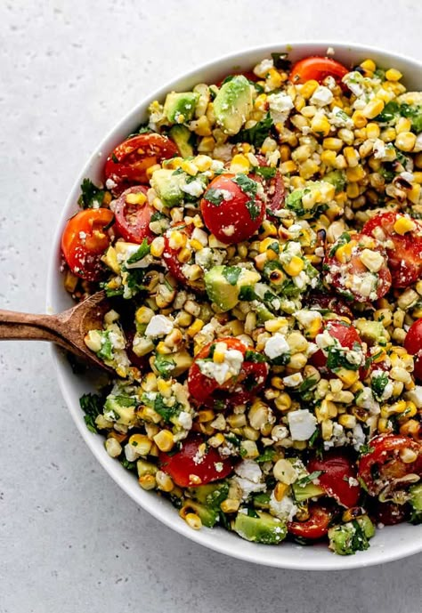 Grilled Corn And Avocado Salad With Feta, Grilled Lemon Lime Corn Salad, Roasted Corn And Avocado Salad, Cilantro Lime Chicken Sides, Healthy Corn Salad, Grilled Corn Salad Recipes, Corn Feta Salad, Quinoa Salad Feta, Grilled Corn And Avocado Salad