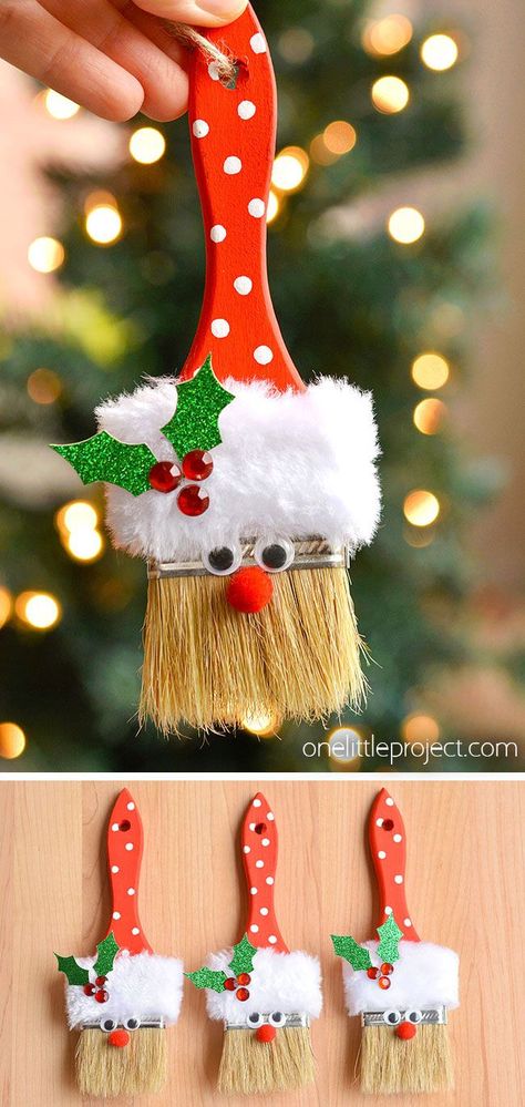 Decorate your Christmas tree with this adorable DIY paint brush Santa! These Santa Claus ornaments made from a paintbrush are really cute and super easy to make. It's such a fun Christmas craft for kids and a great holiday craft for tweens, teens, adults, and seniors. Christmas Ornaments Diy Paint Brush, Ornaments For Outside Trees, Making Christmas Ornaments Diy Crafts, Diy Christmas Ornaments Adults, Paint Brush Santa Craft, Christmas Crafts Diy Projects For Adults, Kid Christmas Crafts Ornaments, Xmas Tree Ornaments Diy Craft Ideas, Diy Santa Crafts