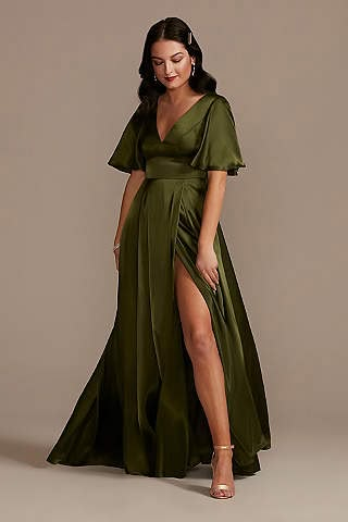 Olive Green Bridesmaid Dresses, Envelope Skirt, Davids Bridal Bridesmaid, Martini Olive, Orange Bridesmaid Dresses, Charmeuse Fabric, Bridesmaid Dresses With Sleeves, Plus Size Bridesmaid, Olive Green Dresses