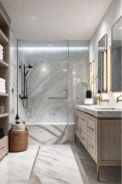 Bathroom vanity with various storage containers and baskets Simplistic Bathroom Ideas, Modern White And Gold Bathroom, Bathroom White Marble Floor, Calming Bathroom Ideas, White And Gold Bathroom Decor, Restoration Hardware Bathroom, His And Hers Bathroom, Dallas House, Bath Tile