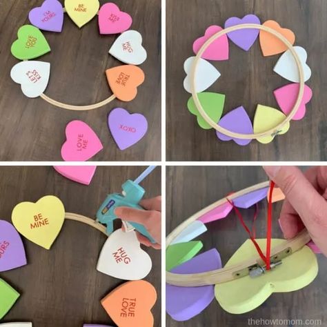 February Wreath Ideas, Heart Wreath Diy, Valentine Wreath Diy, February Crafts, Easy Valentine Crafts, Diy Valentine's Day Decorations, Love Decorations, Valentines Day Crafts, Conversation Heart