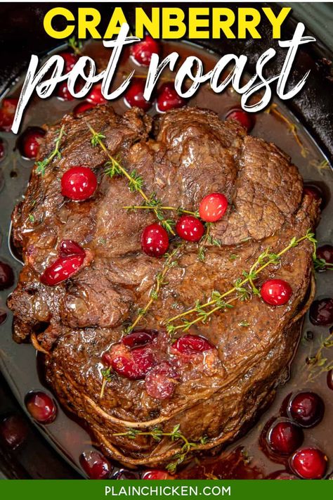 Pot Roast With Cranberry Sauce, Ree Drummond Pot Roast, Cranberry Pot Roast, Christmas Pot Roast Crockpot, Chuck Roast Recipes Crockpot, Cranberry Roast, Christmas Roast Beef, Crock Pot Pot Roast, Balsamic Roast Beef