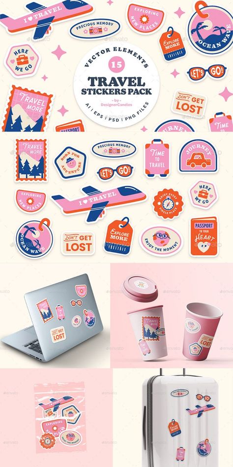 Cute Modern-Retro Travel Stickers Illustration.  90s, travel stickers aesthetic, stickers de viajes, plane sticker, adventure stickers, travel stickers printable retro, aeroplane, airplane, illustration, luggage, passport, psd, retro, sticker, stickers, suitcase, throwback, travel, vector #stickers #travel Illustration Product Design, Travel Merchandise Ideas, Travel Aesthetic Design, Cute Illustration Stickers, Merch Illustration Design, Sticker Product Design, Sticker Layout Design, Cool Sticker Design, Luggage Stickers Ideas