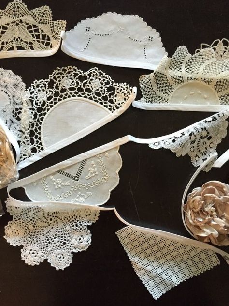 Doilies Crafts Repurposed Diy, Doileys Repurposed Clothing, Repurpose Tablecloth, Scrap Garland, Diy Slinger, Doily Bunting, Flower Pot Painting, Gardening Party, Wild Flower Seeds