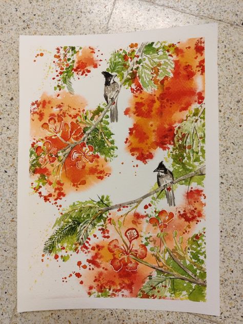 Watercolor painting of the gulmohar tree and bulbuls nesting. Gulmohar Tree, Tree Watercolor, Indian Flowers, Colour Painting, Watercolor Art Lessons, Watercolor Trees, Water Colour, Watercolour Painting, Paint Brushes