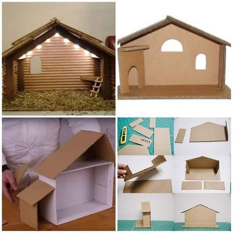 Cardboard Nativity Scene Diy, Crib Making Ideas For Christmas, Christmas Crib Designs, Christmas Nativity Scene Diy, Nativity House, Christmas Nativity Scene Display, Christmas Crib Ideas, Scene Diy, Nativity Scene Diy