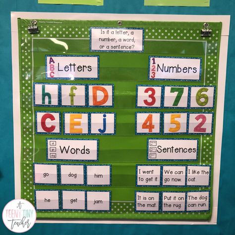 Letters Vs Numbers Activities, Letter Word Sentence Anchor Chart, Letter Number Sort, Letters Words Sentences, Counting Words In A Sentence, Literacy Stations Kindergarten, Sentence Anchor Chart, Sentences Kindergarten, Letter A Words