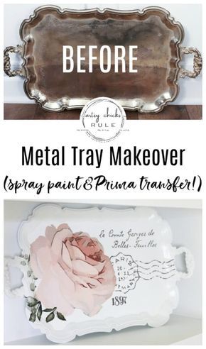 Metal Tray Makeover, Silver Tray Decor, Tray Makeover, Silver Platters, Painted Trays, White Spray Paint, Thrift Store Crafts, Old Metal, French Rose