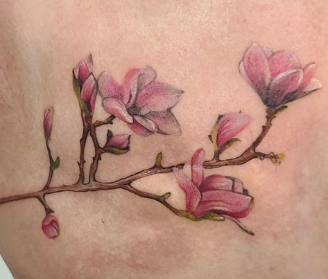 A scar coverup tattoo done by @kristylynneart, of a branch of magnolias, rich in pink colour realism. A beautifully soft looking tattoo with white highlights. Pink Magnolia Tattoo, Tattoo With White Highlights, Scar Coverup Tattoo, Magnolia Tattoo, Scar Cover Up, Coverup Tattoo, Mama Tried, Realism Tattoos, Pink Magnolia