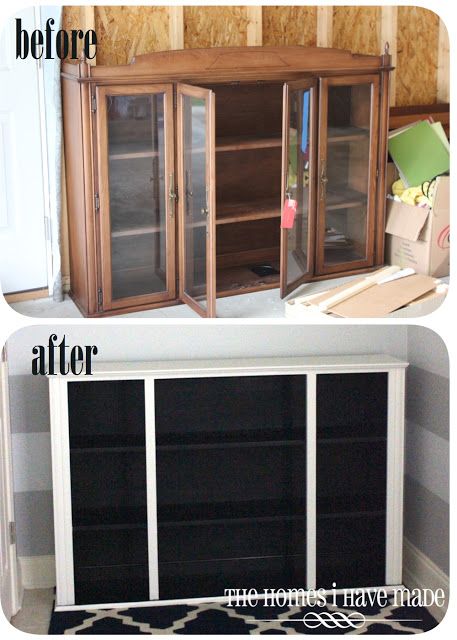 from a dining room hutch to a two-toned bookcase - from The Homes I Have Made Makeover Living Room, Wallpaper Projects, Door Repurposed, Redoing Furniture, Brain Storming, Dining Hutch, Trendy Door, Furniture Upcycle, Diy Dresser Makeover