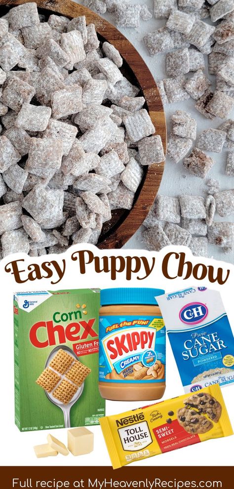 puppy chow recipe Thanksgiving Chex Mix Recipes, Chex Cereal Recipes, Peanut Butter Chex Mix, Puppy Chow Chex Mix, Puppy Chow Chex, Homemade Puppy Chow, Easy Puppy Chow Recipe, Easy Puppy Chow, Puppy Chow Snack