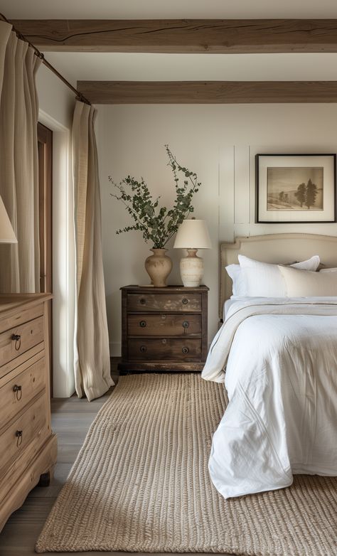 Antique dresser and bed in modern French country bedroom. This modern French country bedroom combines rustic charm with elegant simplicity. The focal point is a vintage-inspired iron bed frame, dressed in crisp white linens and adorned with soft, pastel throw pillows. The walls are a muted, neutral beige, providing a calm and cozy atmosphere. A distressed wooden nightstand holds a simple lamp and a few cherished books, adding a touch of rustic warmth. The floor is covered with a plush area rug Modern Cozy Bedroom Design, Neutral Country Bedroom, French Country Lamp, Bedroom Ideas White Bed Frame, White Flooring Bedroom, Nancy Myers Homes Aesthetic Bedroom, Rustic White Bedroom Ideas, Country Style Home Interior, Primary Bedroom Ideas Cozy