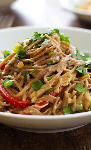 SPICY PEANUT CHICKEN SOBA NOODLE SALAD *** made this. Very good. Would be good with broccoli or snap peas too. Used one red and one orange pepper and it's better when they are chopped up not sliced. Bradley loved it too. Used basil not cilantro. Could use a whole jalapeño, I used 3/4 of one and it was spicy but could have been more. Spicy Peanut Chicken, Soba Noodle Salad, Pinch Of Yum, Soba Noodles Salad, Soba Noodle, Spicy Peanut Sauce, Peanut Chicken, Spicy Peanuts, Soba Noodles